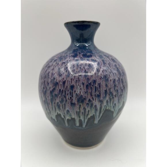 Studio Art Pottery Purple & Blue Drip Glaze Bud Vase 6” Signed Mick Schwartz - Picture 1 of 8
